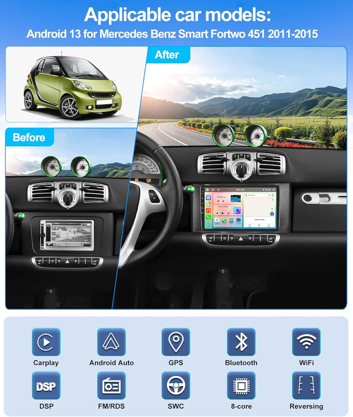 CAMECHO 4+64G Android 15 DSP Autoradio für Mercedes-Benz Smart Fortwo 2011-2015, 9 Zoll 8-Kern Bluet