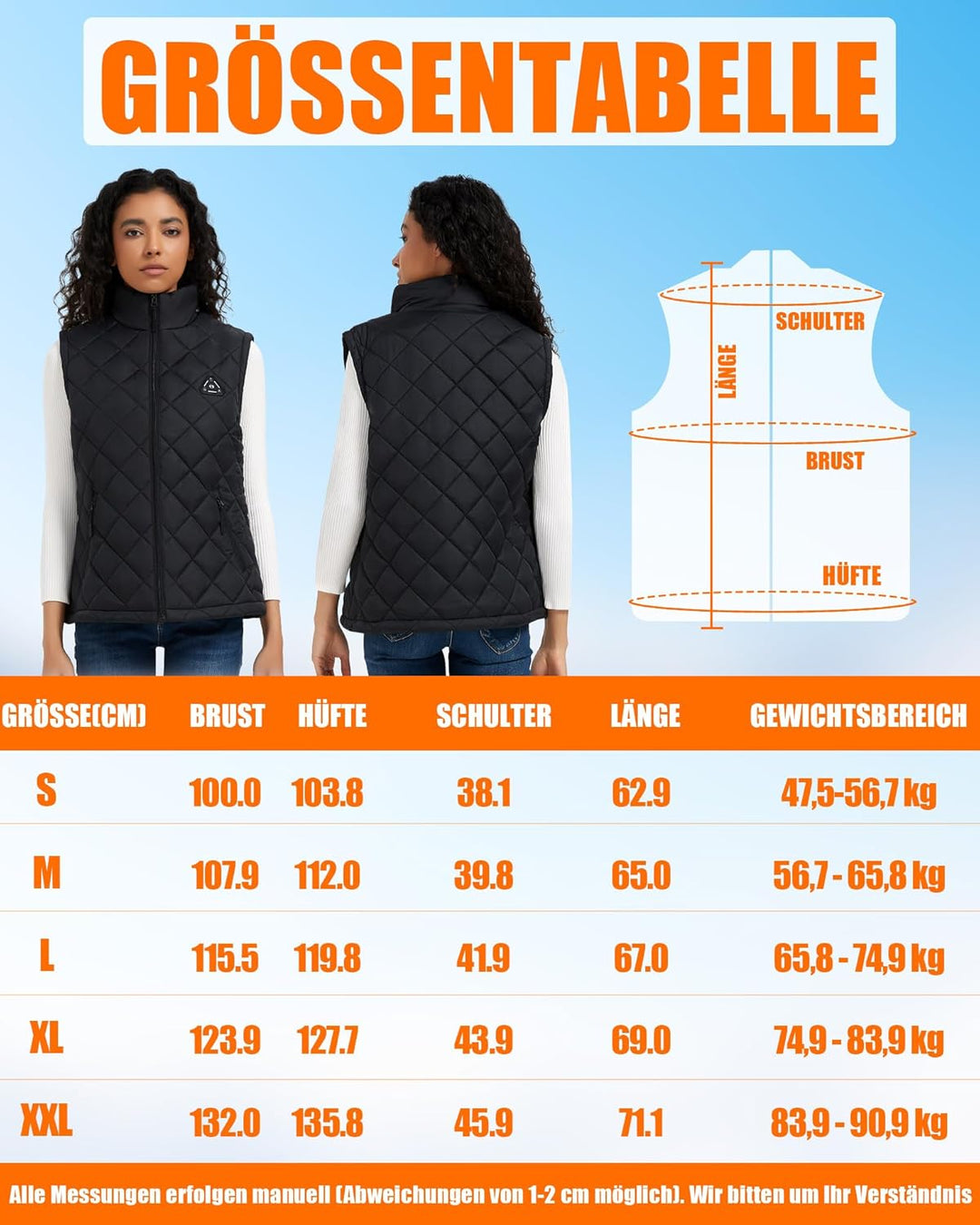 CYCYHEAT Beheizbare Weste Damen mit 7,4V Akku und 4-in-1 Steuerung – Leichte Wattierte Heizweste mit