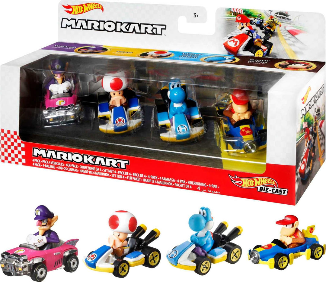 Hot Wheels GXX98 - Mario Kart-Fahrzeug (4er-Pack), Set mit 4 beliebten Figuren, darunter 1 exklusive