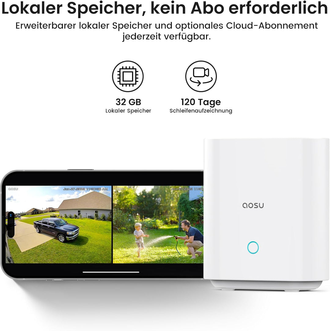 aosu 2K Überwachungskamera Aussen Akku Solar, 2-Cam-Kit mit aosuBase, Ohne Abonnement, 32GB Speicher