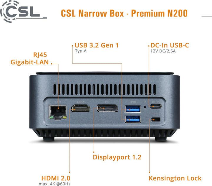 Mini PC CSL Narrow Box Premium Windows 11 Home lüfterlos, Intel N200 4X 3700 MHz Turbotakt, 500 GB M
