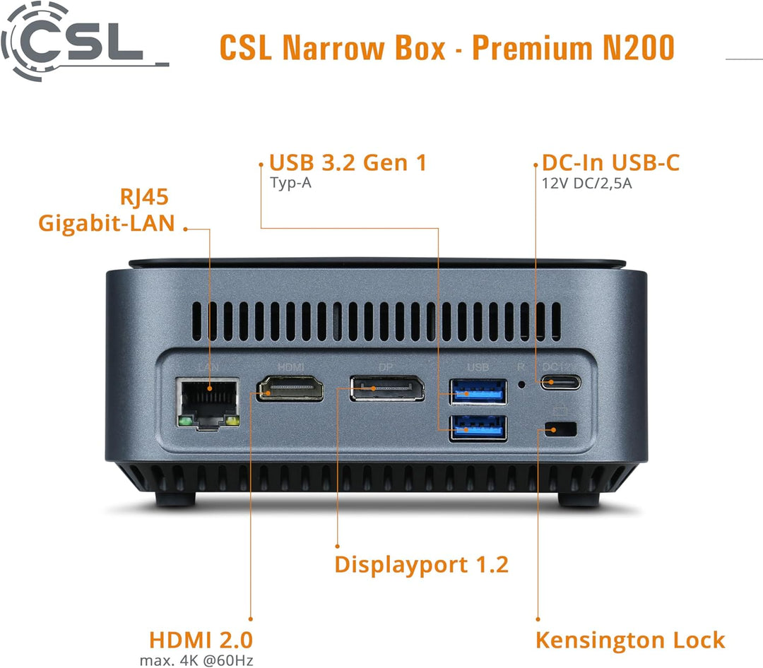 Mini PC CSL Narrow Box Premium Windows 11 Home lüfterlos, Intel N200 4X 3700 MHz Turbotakt, 1000 GB