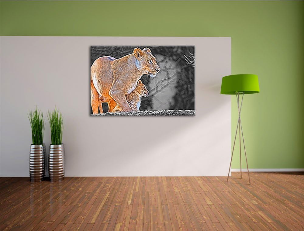 liebevolle Löwenmutter mit Jungtier schwarz/weiss Deluxe Format: 100x70 cm auf Leinwand, XXL riesige