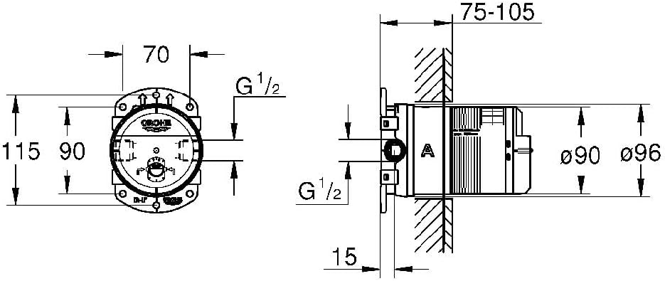 GROHE Rainshower - Unterputz-Einbaukörper (wassersparend, 1/2", Einbautiefe 75-105 mm), 26484000 cos