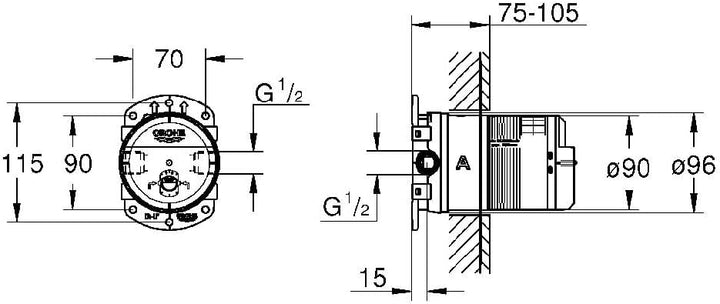 GROHE Rainshower - Unterputz-Einbaukörper (wassersparend, 1/2", Einbautiefe 75-105 mm), 26484000 cos