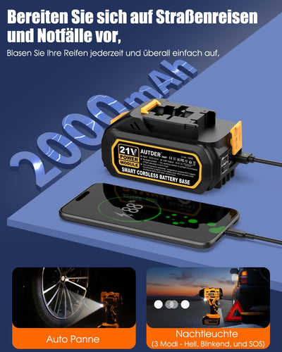 AUTDER Akku Kompressor, Luftkompressor, Tragbare Elektrische Luftpumpe mit 21V Akku und Auto-Netztei