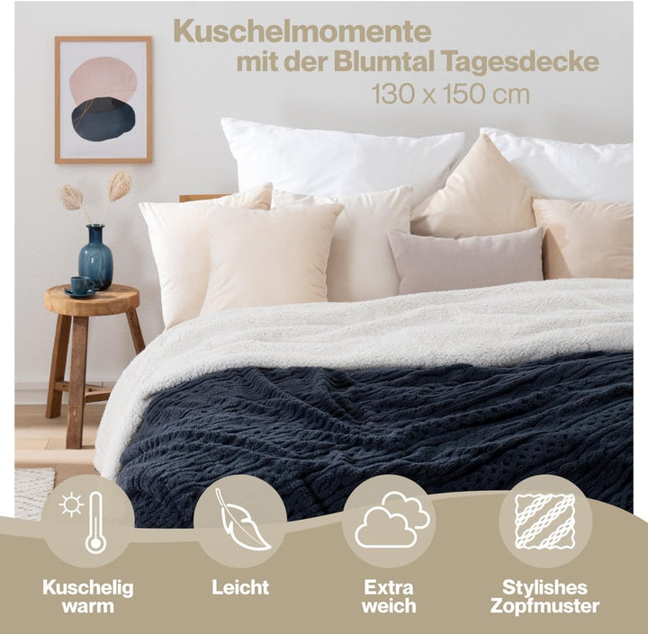 Blumtal Kuscheldecke 130x150 cm mit Zopfstrick-Optik - Oeko-TEX zertifizierte Mikrofaser Fleecedecke