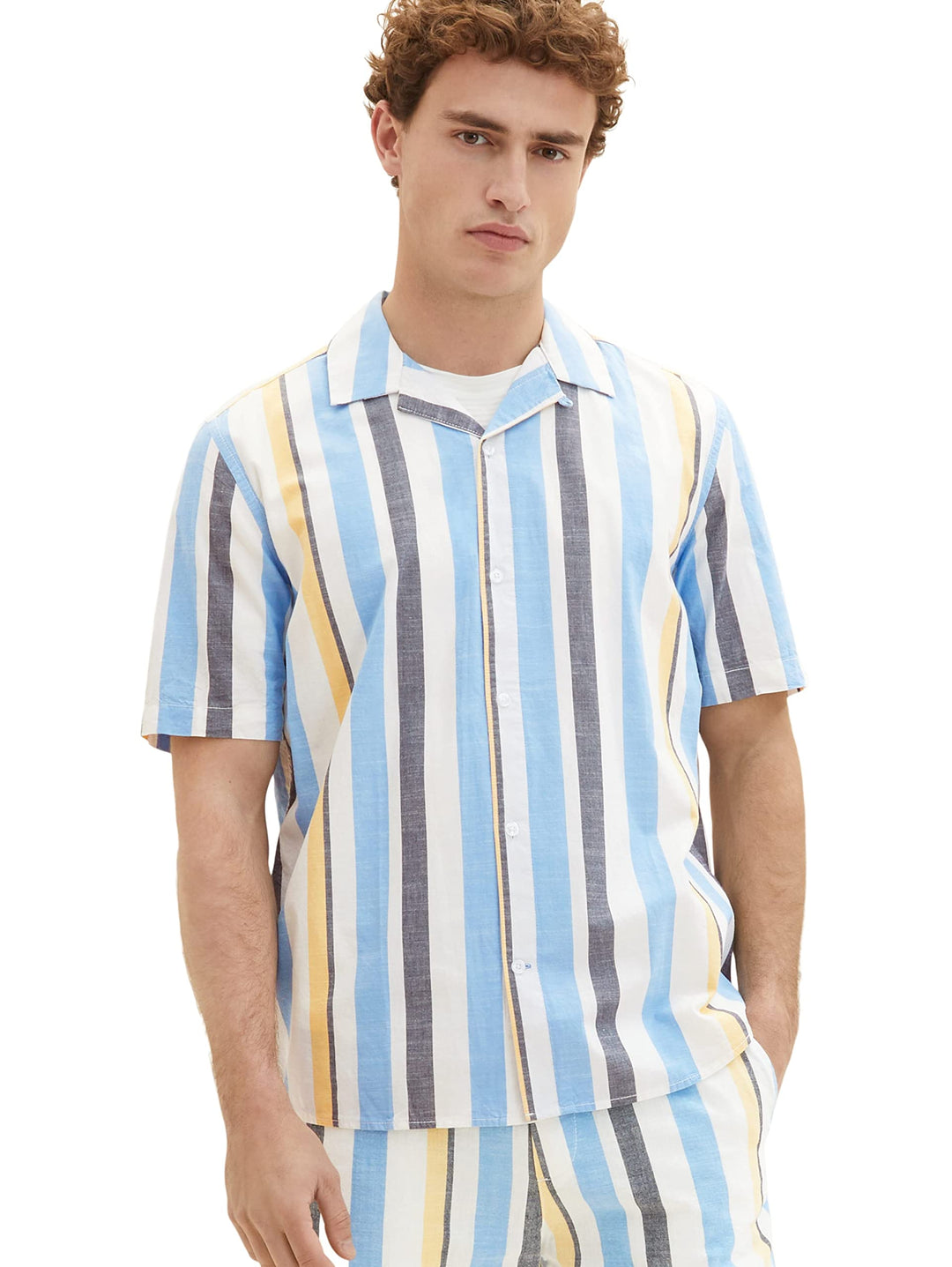 TOM TAILOR Herren Comfort Fit Kurzarm-Hemd mit Streifen L 31778 - Blue Multicolor Big Stripe, L 3177
