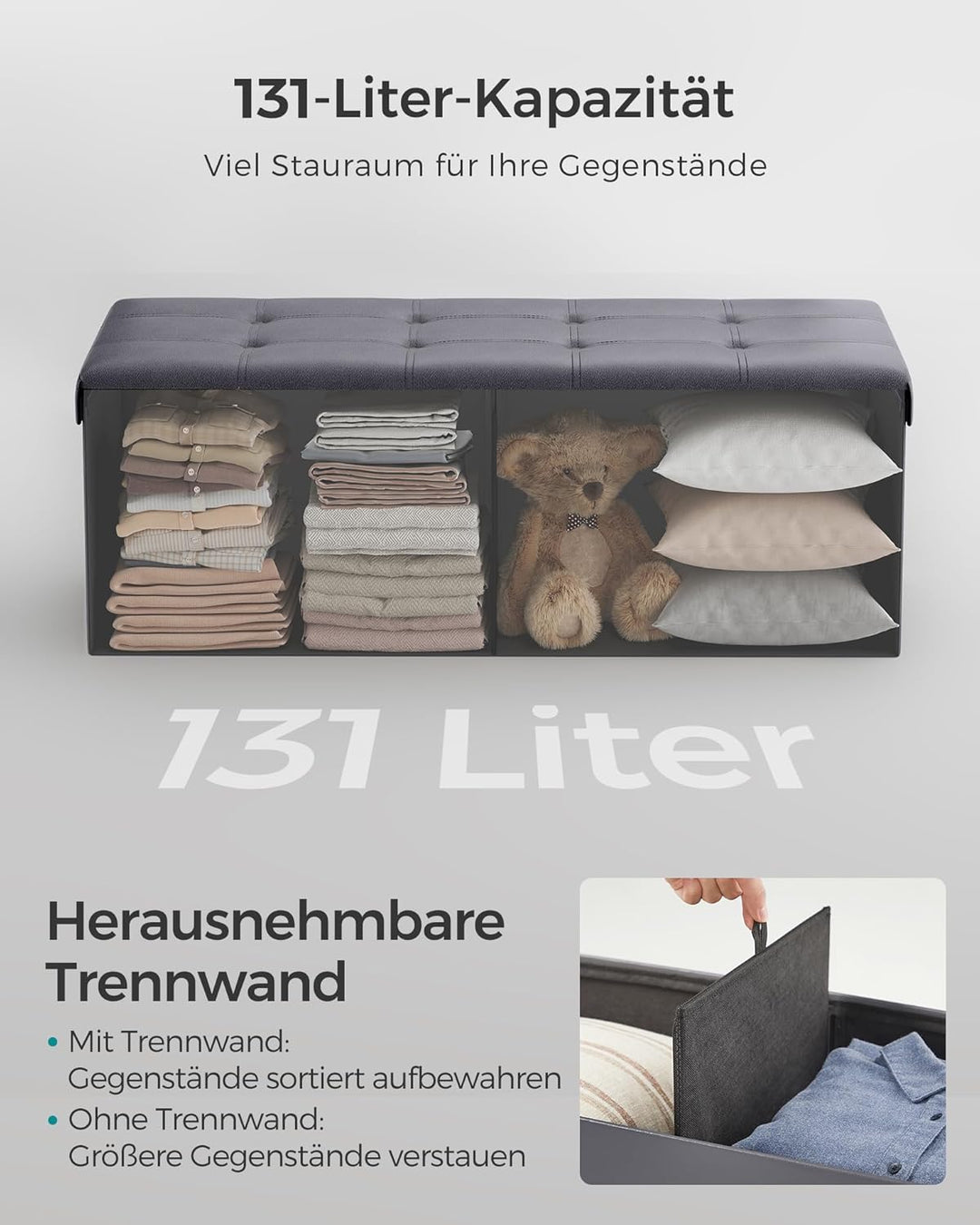 SONGMICS LSF070G01 Sitztruhe, Sitzbank, Holzwerkstoff, Dunkelgrau, 110 x 38 x 38 cm Dunkelgrau 110L