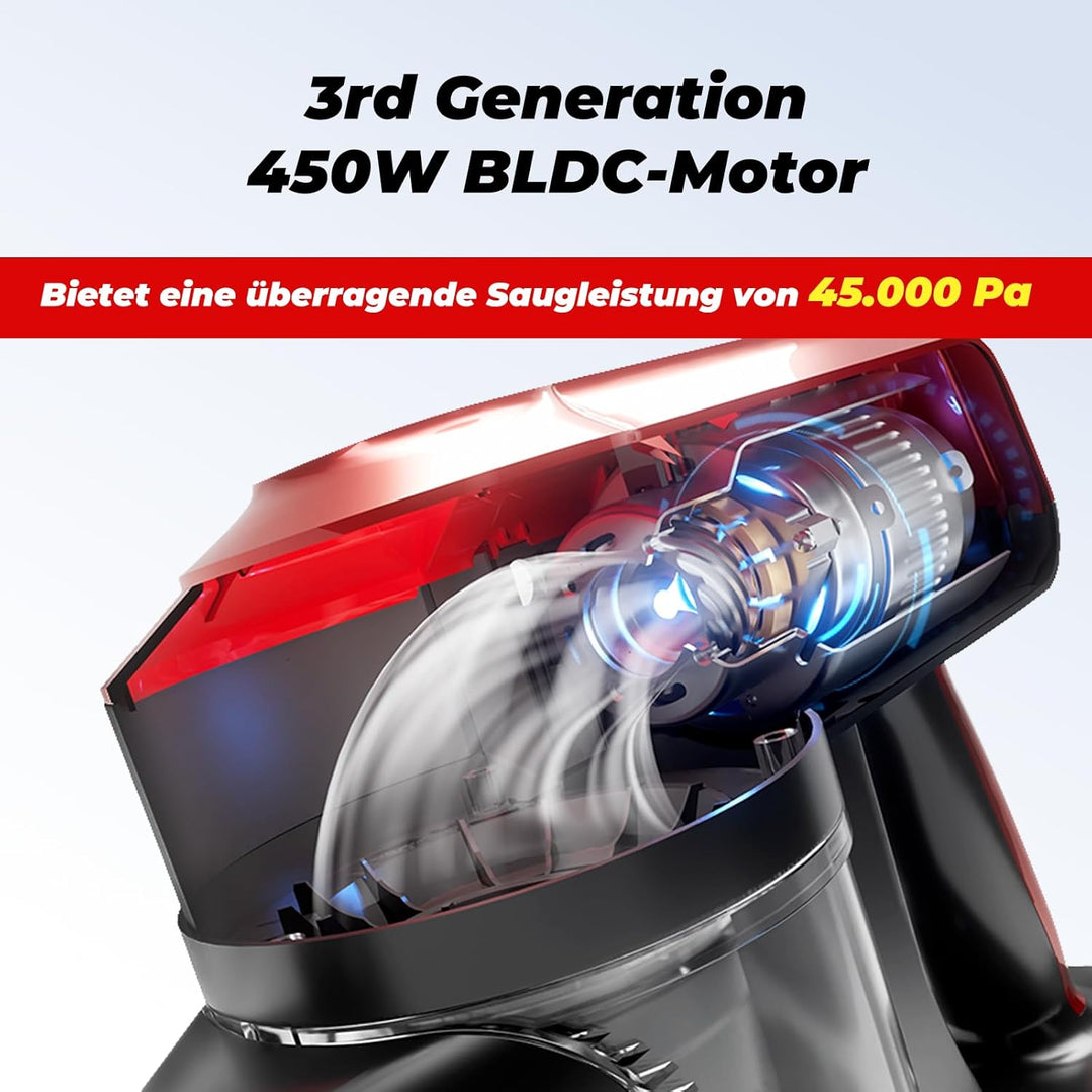 Akitas V10A Akku Staubsauger Kabellose mit 450W BLDC-Motor, 45kPa Saugleistung, 60 Min Laufzeit, LED