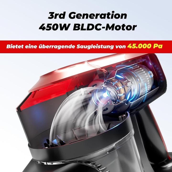 Akitas V10A Akku Staubsauger Kabellose mit 450W BLDC-Motor, 45kPa Saugleistung, 60 Min Laufzeit, LED