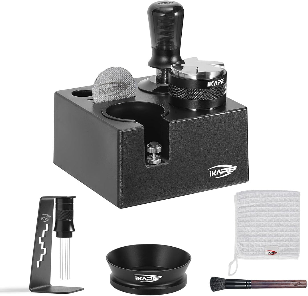 IKAPE 58 mm Espresso-Werkzeugset, schwarz, 8-in-1: Kaffeetamper, Verteiler, Magnettrichter, Pucksieb