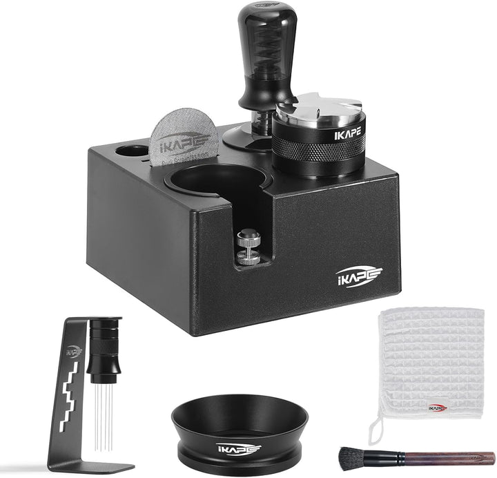 IKAPE 58 mm Espresso-Werkzeugset, schwarz, 8-in-1: Kaffeetamper, Verteiler, Magnettrichter, Pucksieb
