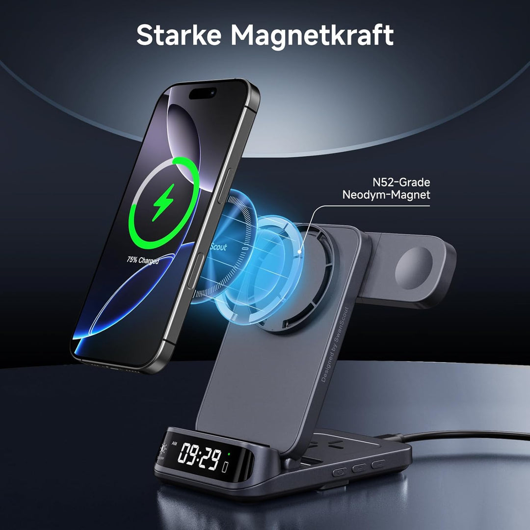 SwanScout 708M Induktive Ladestation, Faltbares 3 IN 1 Magnetisches Ladegerät für Apple Watch und iP