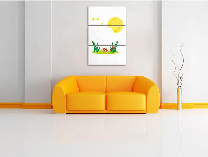 Pixxprint Fuchs auf Wiese nachts als Leinwandbild/Grösse: 3 Teilig (120x80) cm/Wandbild/Kunstdruck/f