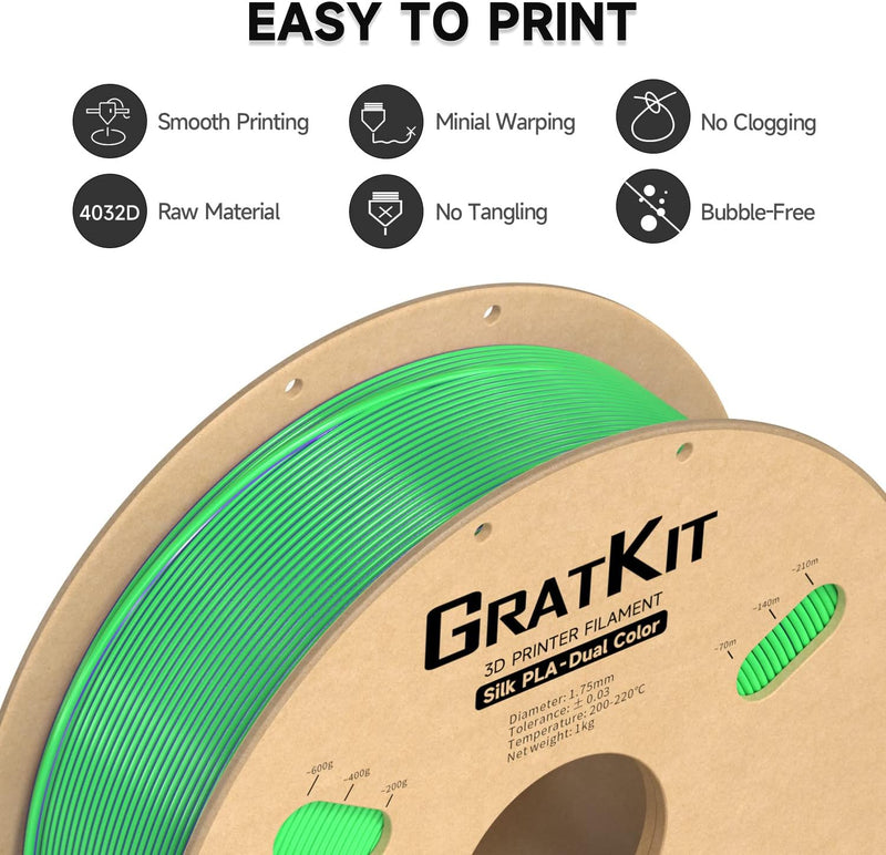 GratKit Dual Zweifarbig Seide PLA Filament 1.75mm, -0.03mm, Coextrusion PLA Filament, 3D Drucker Fil