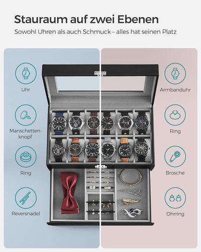 SONGMICS Uhrenbox, Uhrenkoffer, Glasdeckel, 2-stöckige Schatulle, 12 Uhren, abschliessbar, 1 Schubla