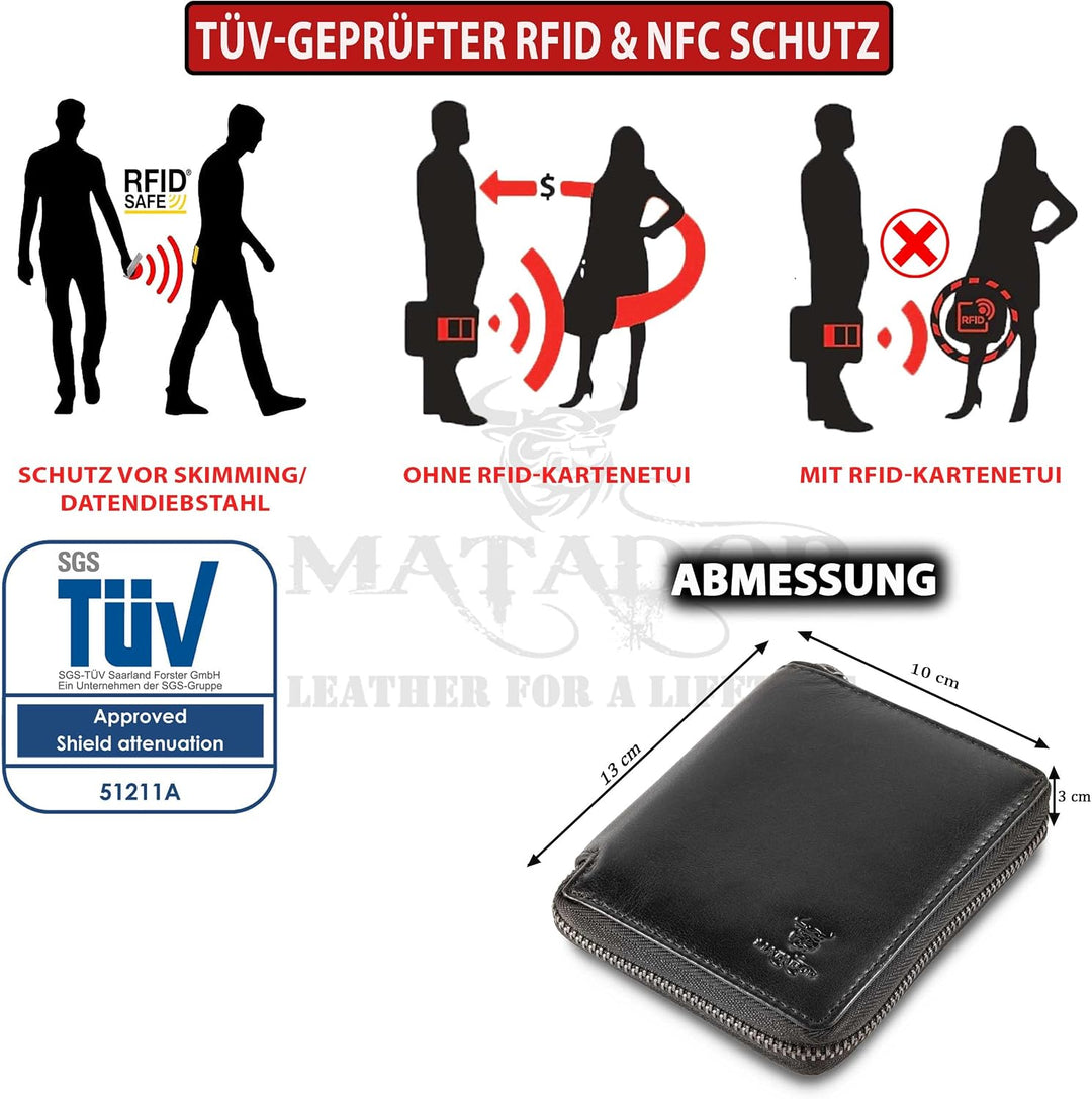 MATADOR® Granada Leder Geldbörse Herren mit Reissverschluss Schwarz TüV geprüfter RFID & NFC Schutz