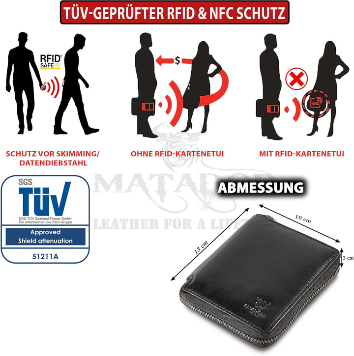 MATADOR® Granada Leder Geldbörse Herren mit Reissverschluss Schwarz TüV geprüfter RFID & NFC Schutz