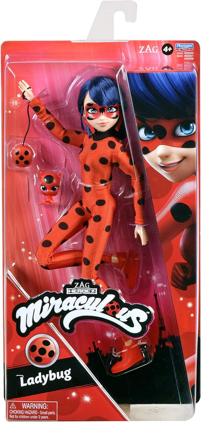 BANDAI Miraculous Puppe Ladybug Kwami und Cat Noir, 26 cm grosse Ladybug-Gelenkpuppe mit Zubehör und