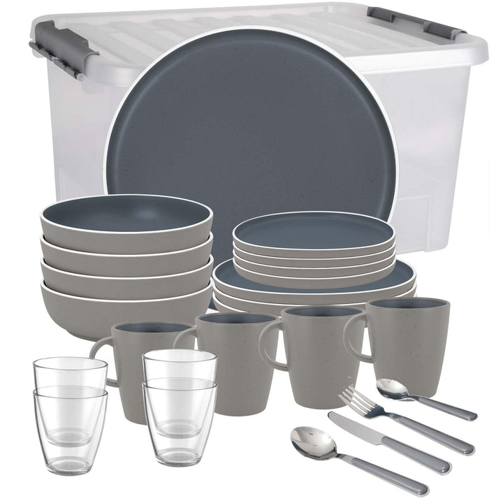 BRUNNER Camping-Geschirr-Set Melamin 2-4 Personen (12, 16 oder 36-teilig) Trilogy Dark - Stapelbar,
