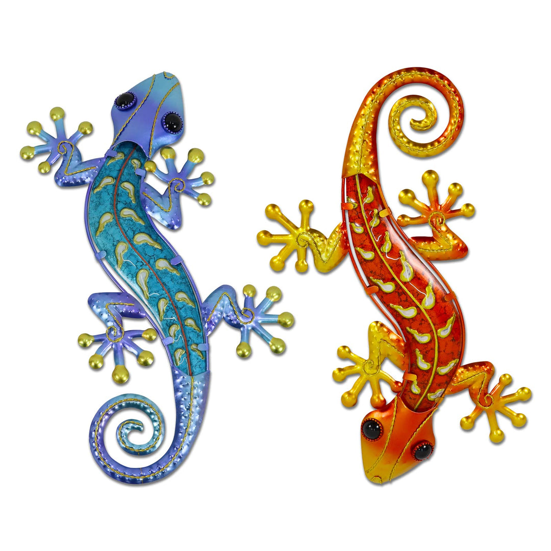 HONGLAND Metall-Gecko-Wandkunst, 38,1 cm, Eidechse, Outdoor-Dekoration, hängende Glas-Skulptur, 2 St