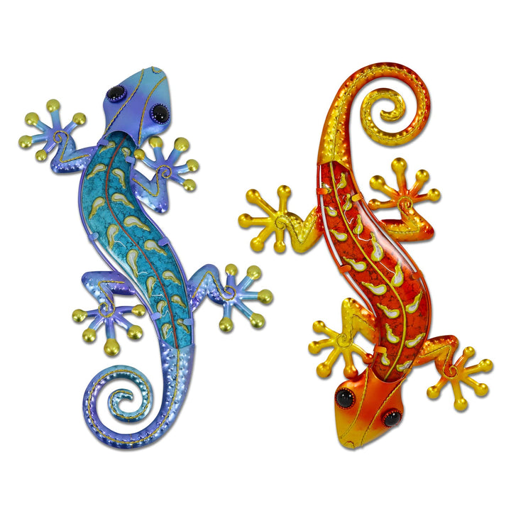 HONGLAND Metall-Gecko-Wandkunst, 38,1 cm, Eidechse, Outdoor-Dekoration, hängende Glas-Skulptur, 2 St