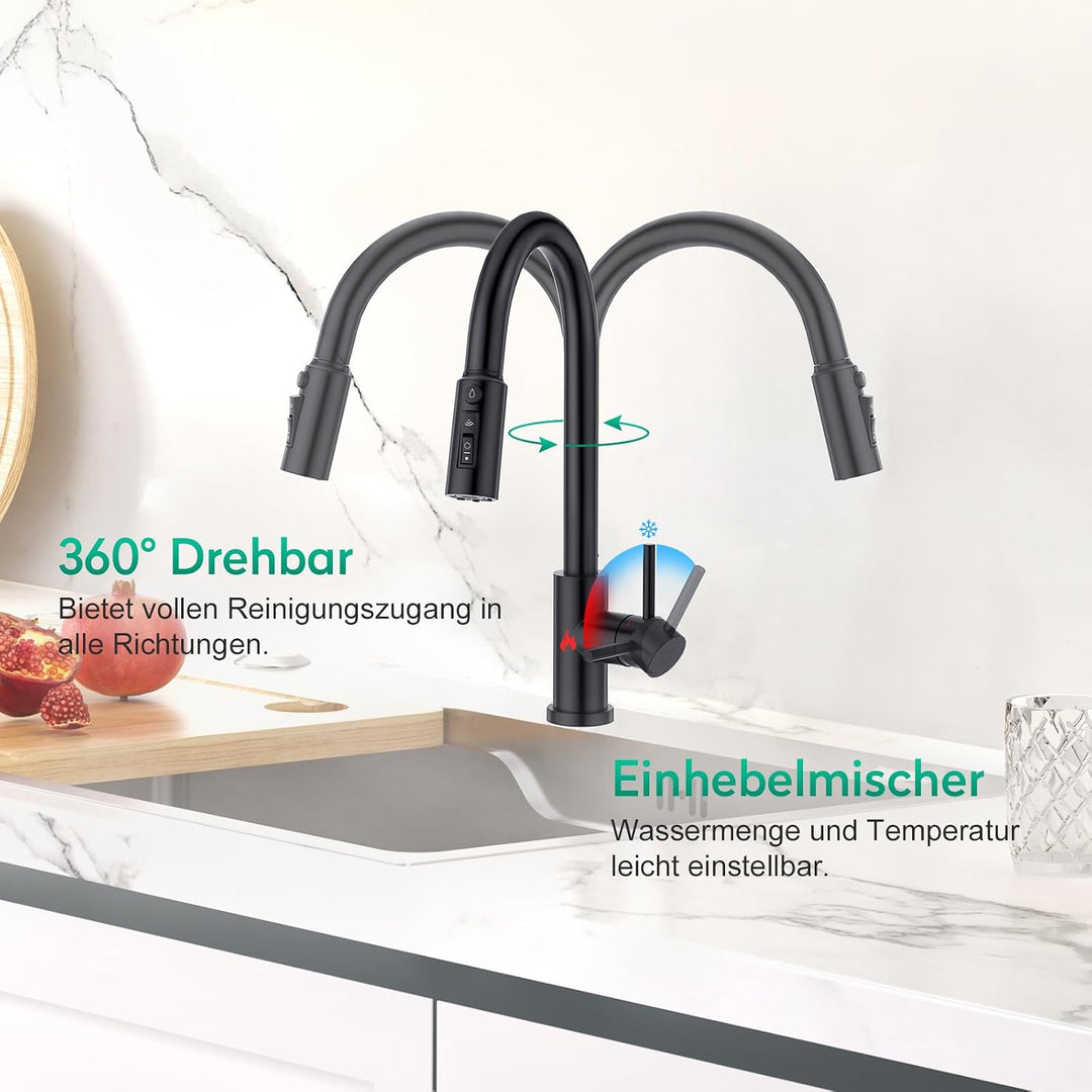 CREA 3 Wege Küchenarmatur mit Brause, Drei Wege Wasserhahn Küche Ausziehbar, 360° Drehbar 3 Wege Mis