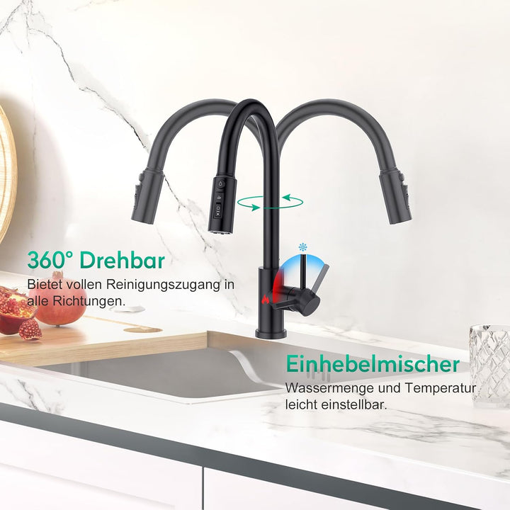 CREA 3 Wege Küchenarmatur mit Brause, Drei Wege Wasserhahn Küche Ausziehbar, 360° Drehbar 3 Wege Mis