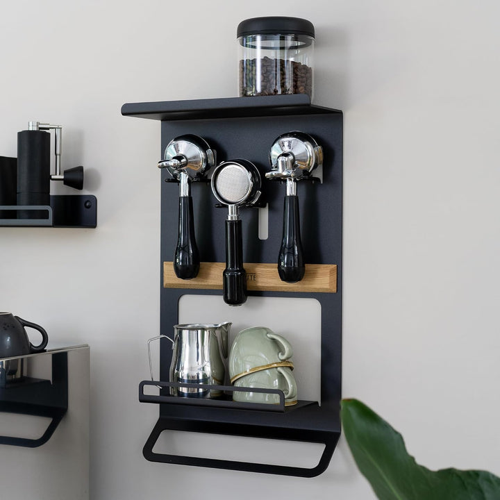 FLATE Barista Regal für Siebträger, Tamper und Barista Zubehör in schwarz (Wandhalterung für Kaffeez