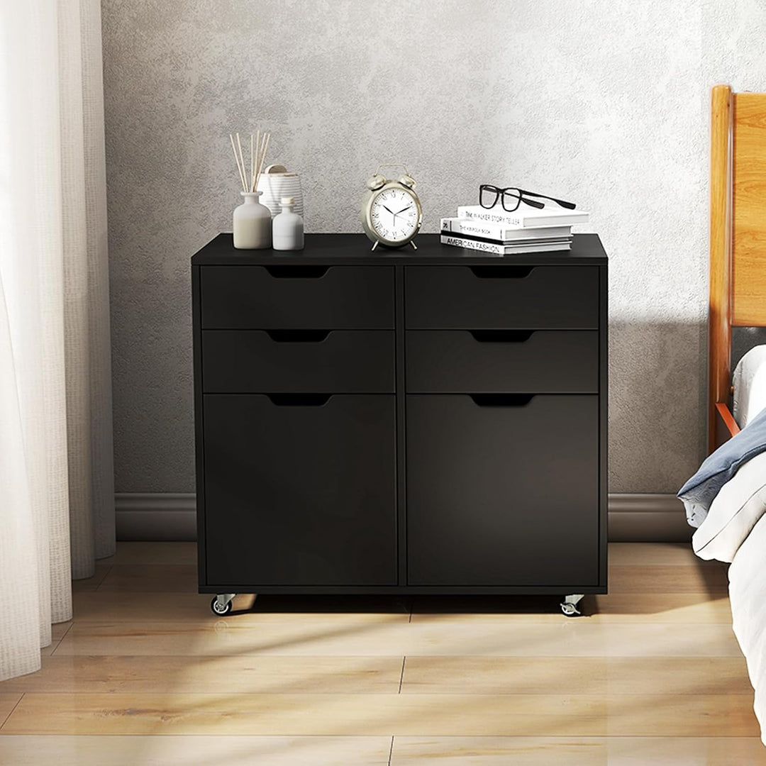 COSTWAY Rollcontainer mit 4 Schubladen und 2 Türen, Aktenschrank mit Rollen, Druckerständer, Bürosch