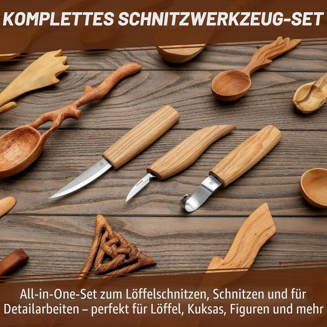 BeaverCraft S13 Holzschnitzerei Werkzeuge Set für Löffelschnitzen 3 Messer in Werkzeugsrolle Abziehr
