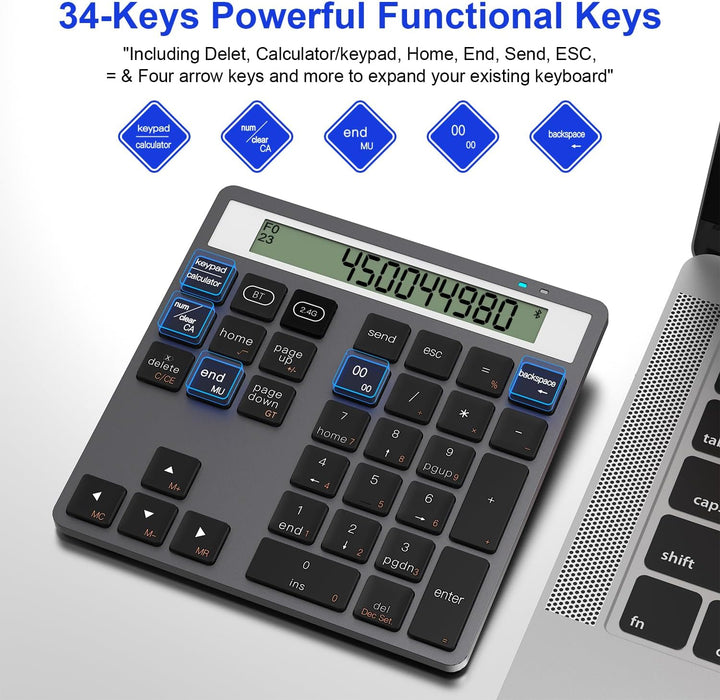 2-in-1 Ziffernblock mit Taschenrechner, 34 Leise Tasten Bluetooth 5.0&2.4G Numpad für Windows/Mac/iO