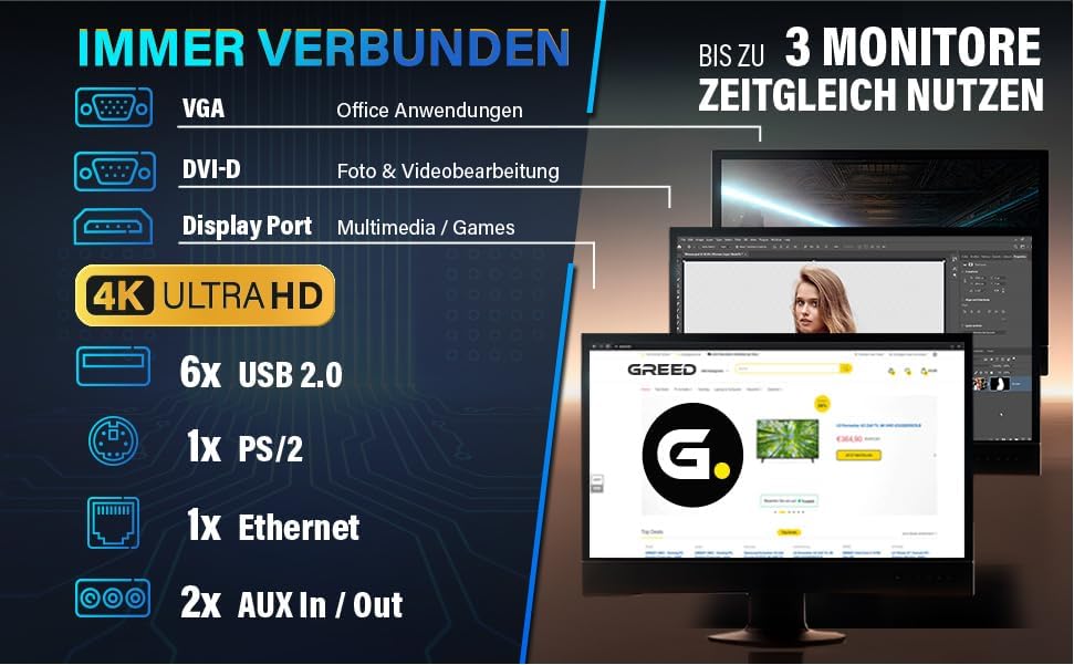 GREED® Multimedia PC mit Intel Core i7 4790 - Schneller Rechner + Computer für Büro & Home Office mi