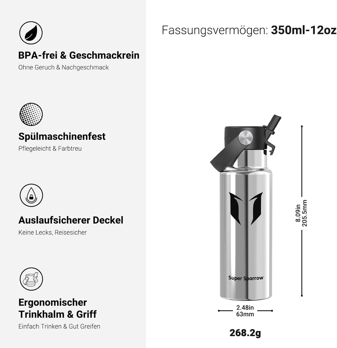 Super Sparrow Trinkflasche Edelstahl - Thermobecher - 350ml, 500ml, 750ml, 1L - FlipFlow Trinkflasch