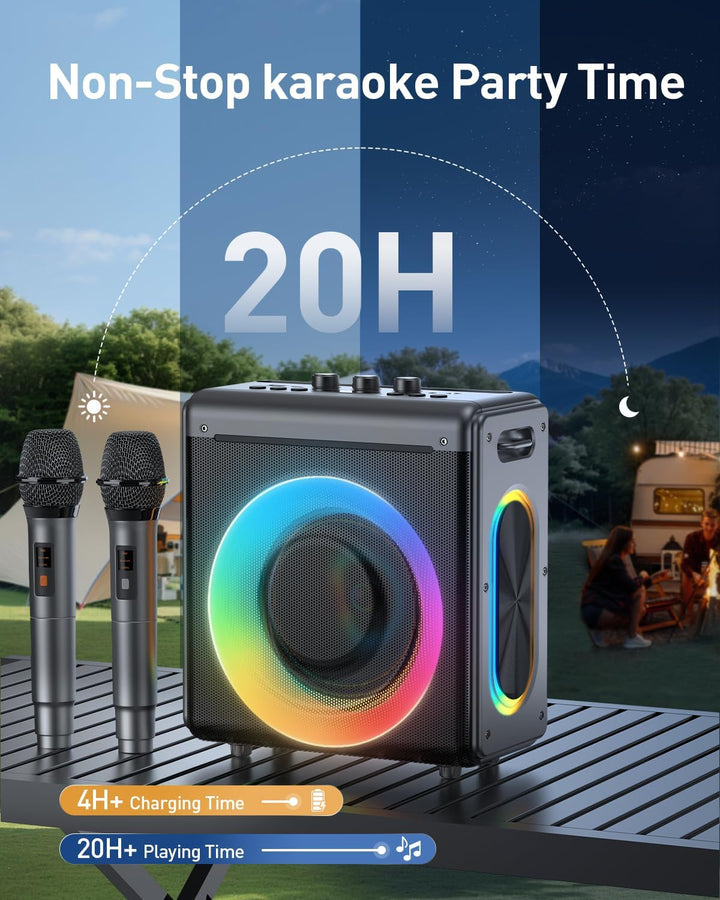 Karaoke Maschine mit 2 mikrofonen, wiederaufladbaren Mikrofonen: Tragbarer Bluetooth-Lautsprecher fü
