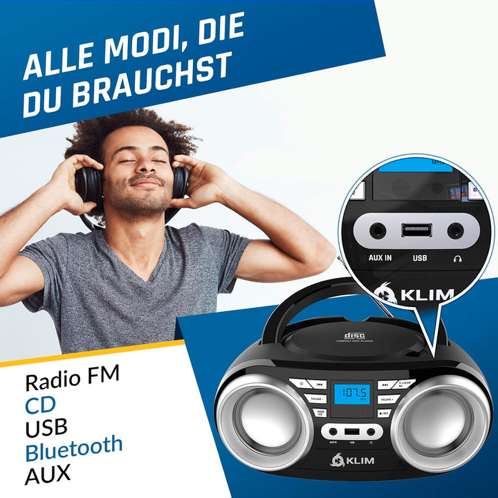 KLIM B3 Tragbarer CD Player Bluetooth Boombox mit FM-Radio, Bluetooth, USB und AUX - Hochwertige Dua