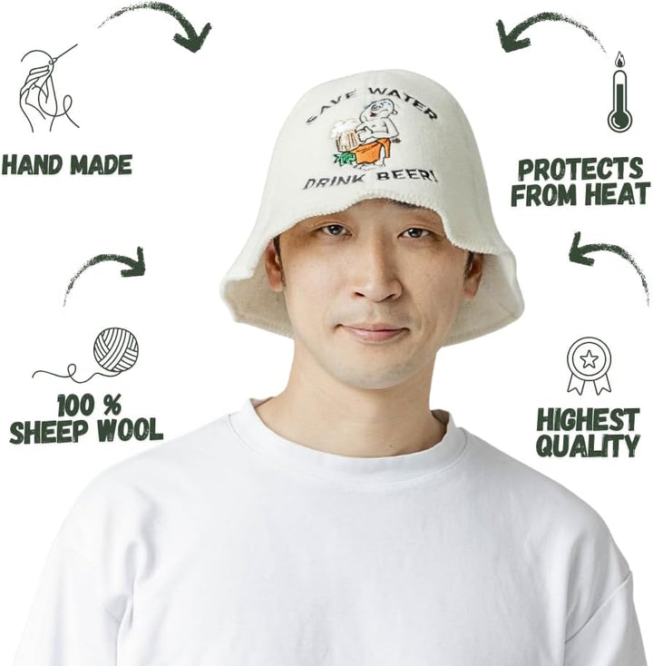 Natural Textile Saunahut 'Drink Beer' White - 100% organische Wollfilzmützen - Schützen Sie Ihren Ko