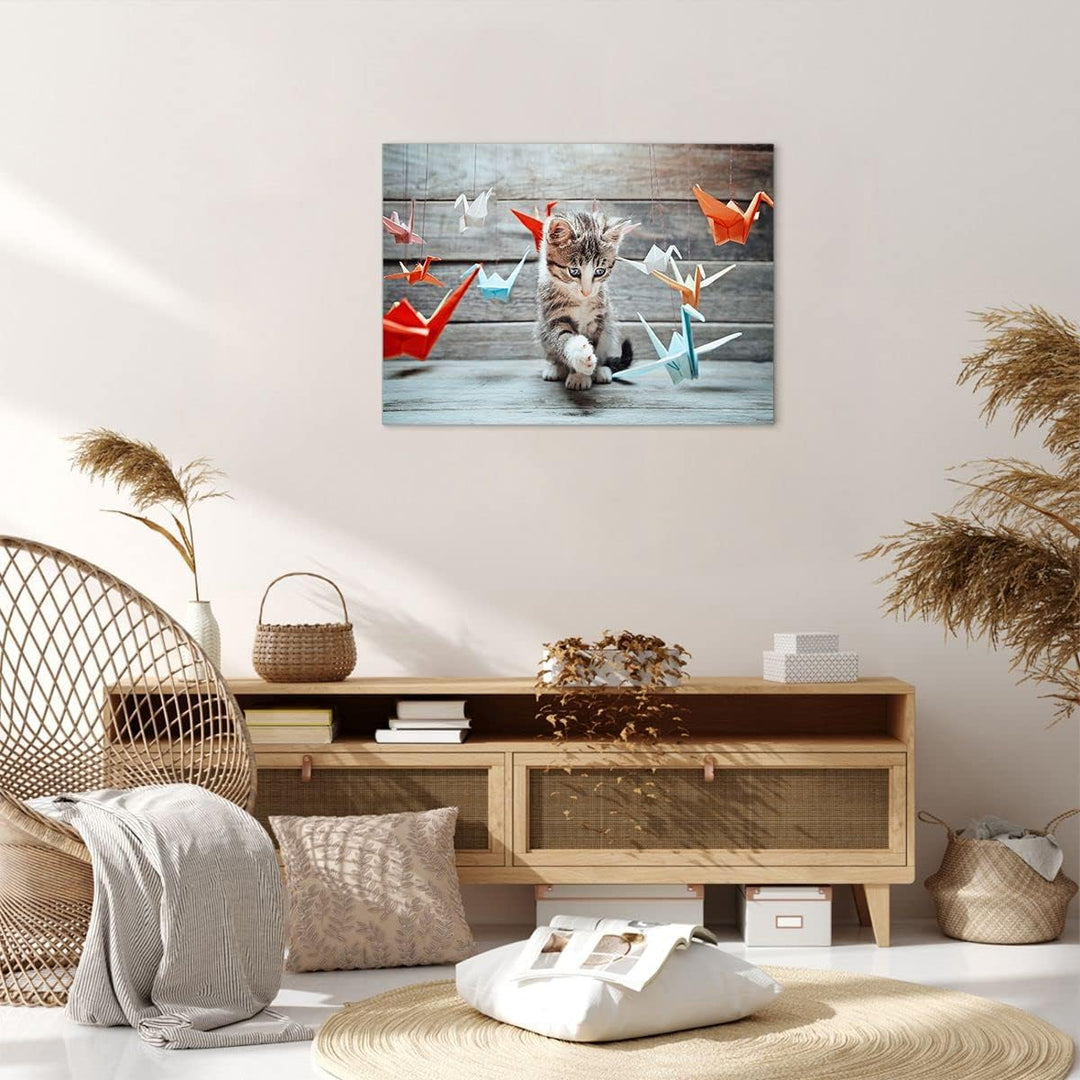 Bilder auf Leinwand Katze spass origami Leinwandbild mit Rahmen 70x50cm Wandbilder Dekoration Wohnzi