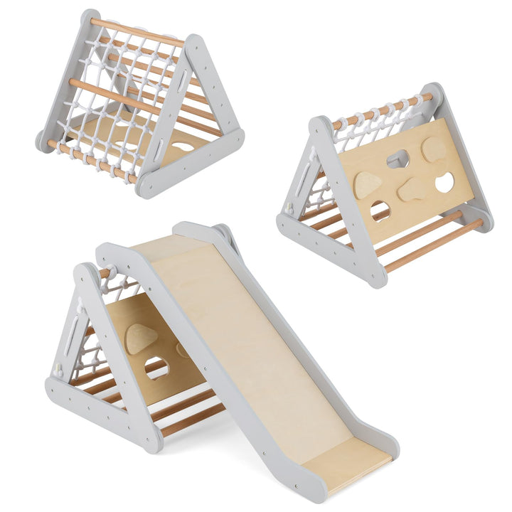 COSTWAY 4 in 1 Kletterdreieck mit Rutsche, Klettergerüst aus Holz, Sprossendreieck zum Rutschen und