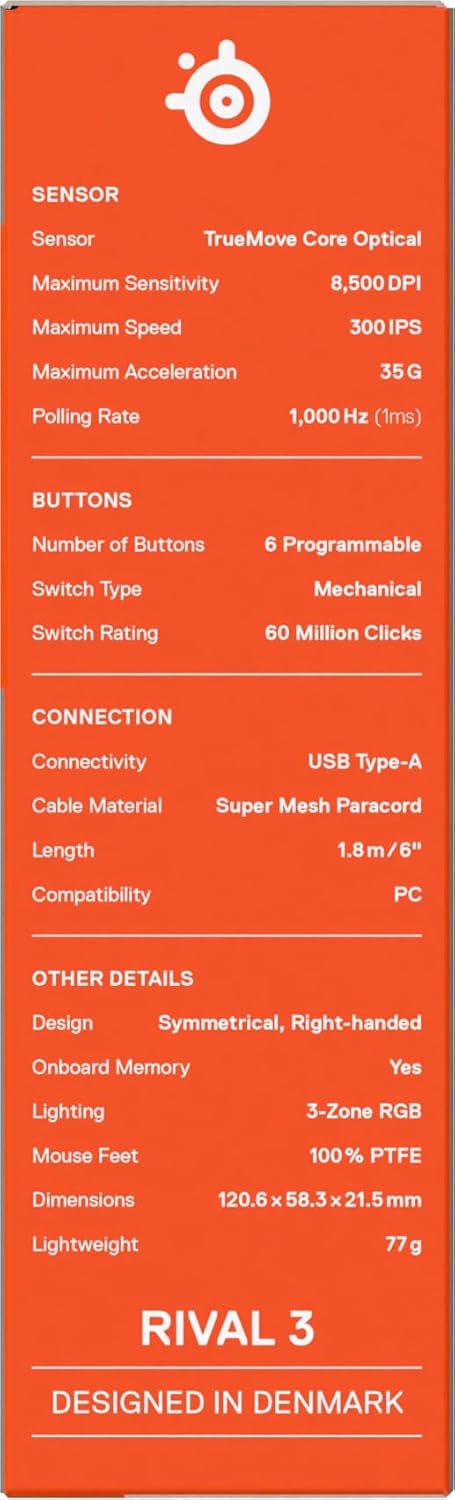 SteelSeries Rival 3 Gen 2 Gaming-Maus – 8.500 DPI TrueMove Core-Optiksensor – 60 Millionen Klicks ga