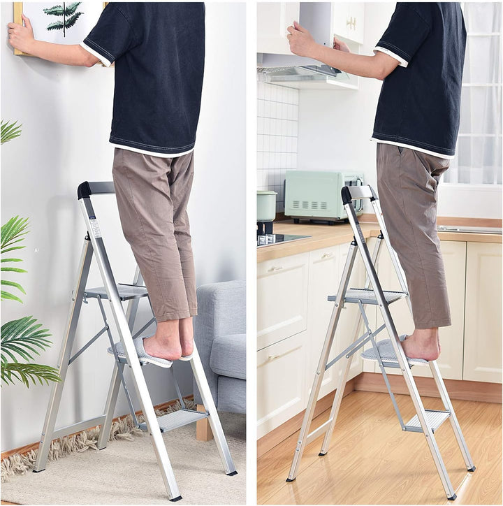 KINGRACK Stufenleiter, Trittleiter 3 Stufen, Klapptrittleiter mit Handlauf, rutschfeste Haushaltslei
