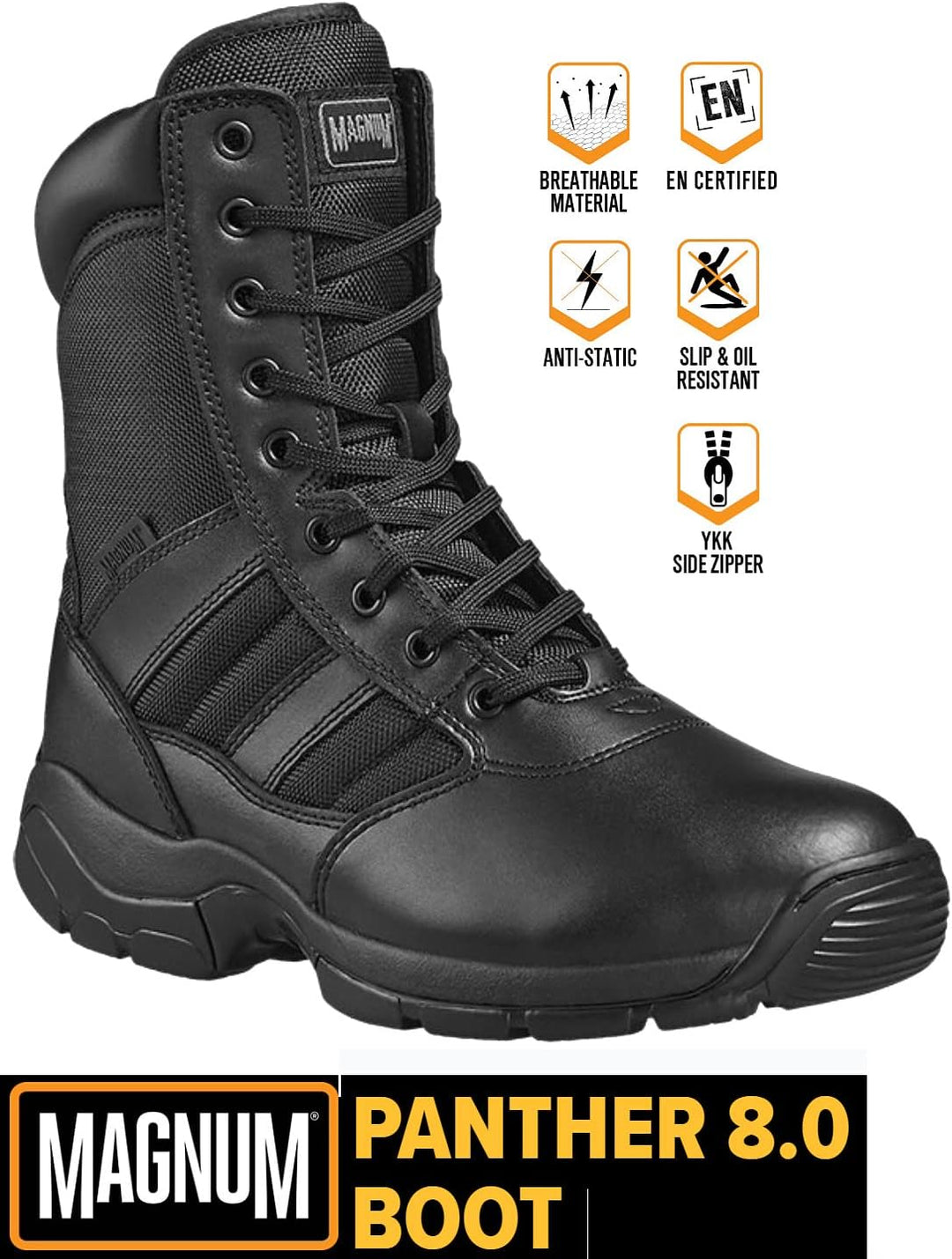 Magnum M800339-021 Panther 8 Stiefel mit seitlichem Reissverschluss, Grösse 39H, Schwarz