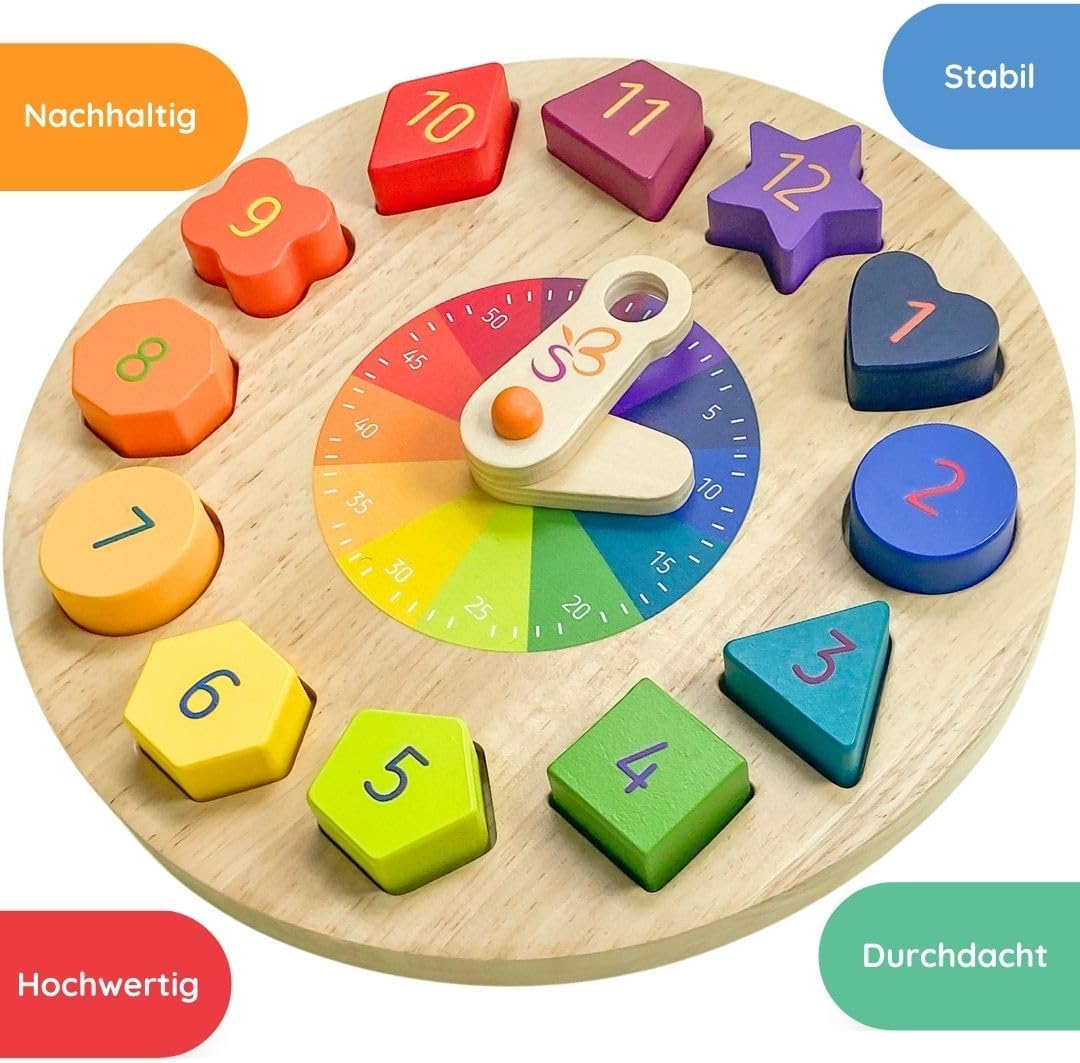SCHMETTERLINE | Kronolino Holz-Lernuhr mit Regenbogen-Farben zum Spielerischen Lernen der Zeit ab 3
