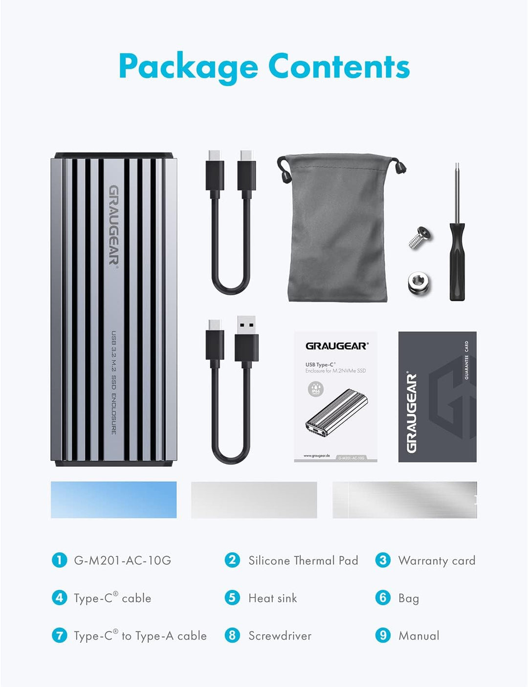 GRAUGEAR | Aluminium-Gehäuse f. M.2 NVMe SSD | USB 3.2 (Gen2, 10 Gbit/s) | Zwei Kabel USB-C & USB-A