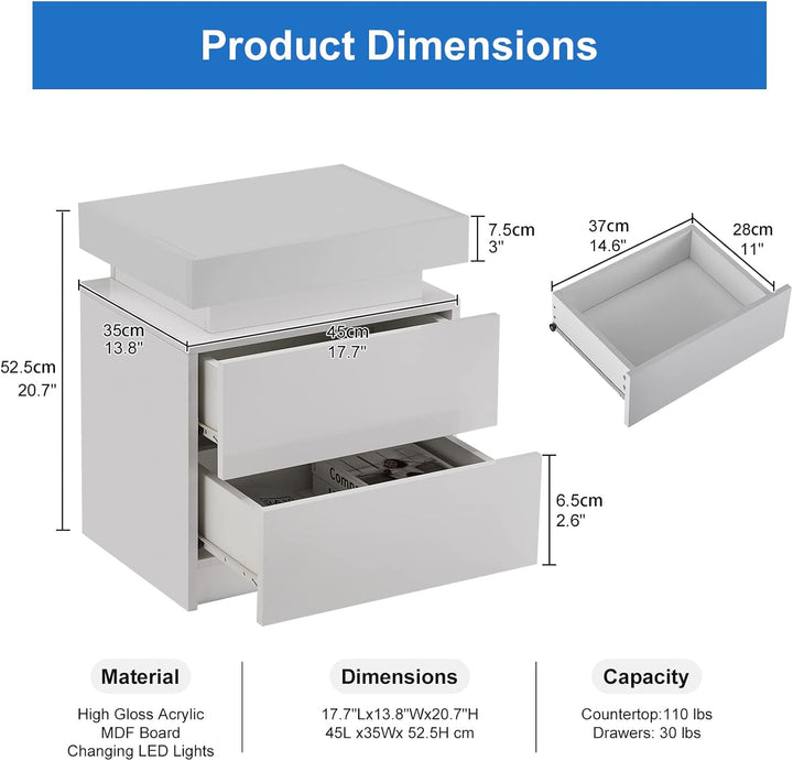 CLIPOP Nachttisch Hochglanzfront Kommode mit 2 Schubladen mit 16 Farben RGB LED-Leuchten, 2 Schublad