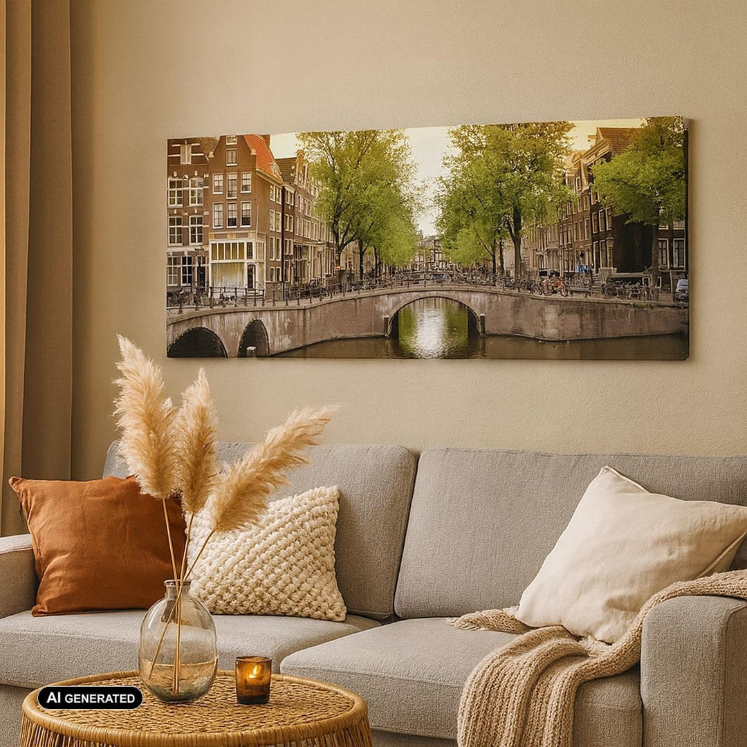 Wandbilder Dekoration Wohnzimmer Kanal Wasser Amsterdam Fahrrad Panorama Bilder auf Leinwand 120x50c