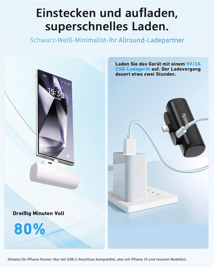 [2 Stück] Miady Mini Power Bank Klein Aber Stark, 5000mAh 5V/2.4A USB C Ausgang Externer Akkus, Komp