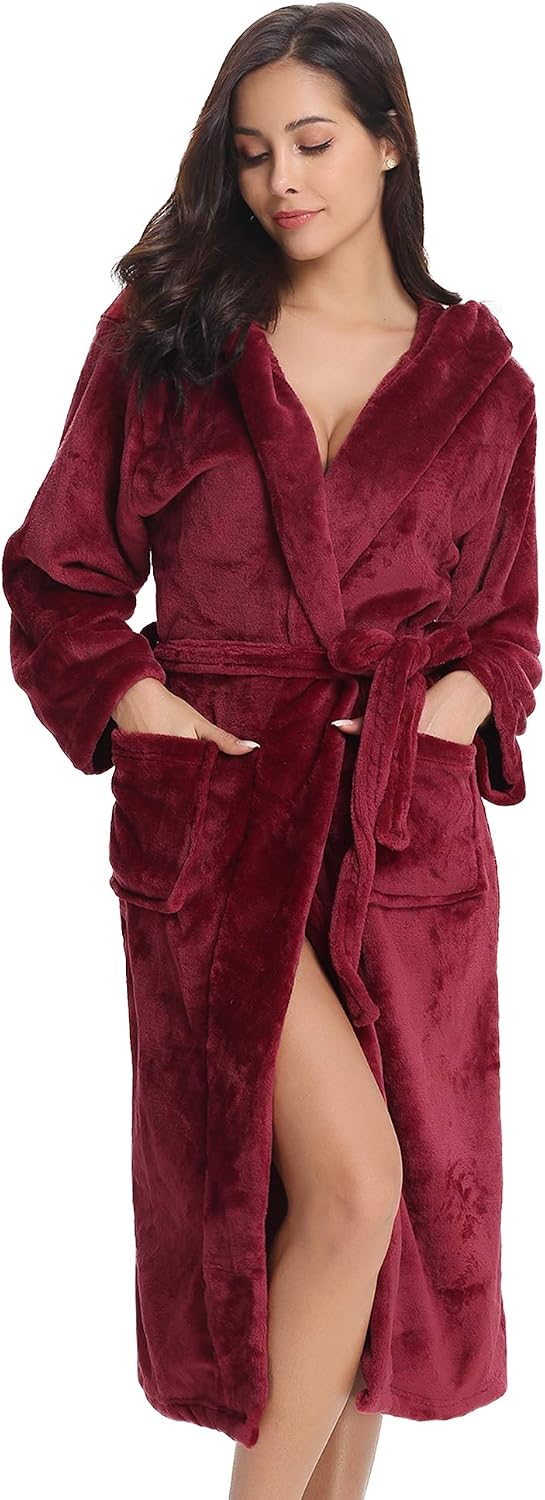 Vlazom Damen Winter Bademantel Flanell mit Kapuze Langärme Morgenmantel Saunamantel Flauschiger Robe