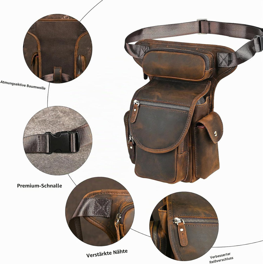 Herren Canvas + Leder Motorrad Reiten Tasche Beinbeutel Beintasche Aussenbeintasche Hüfttasche Drop